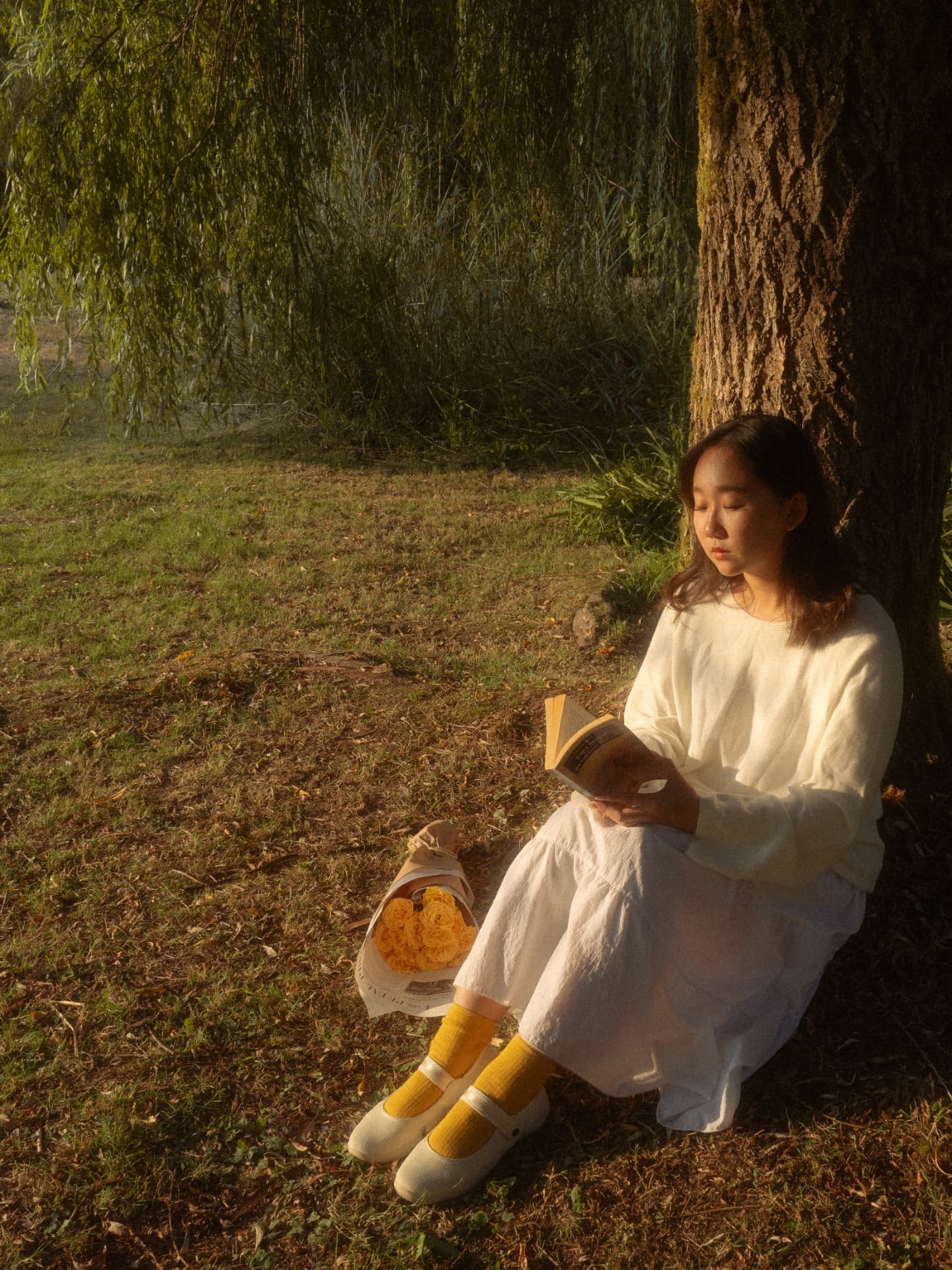 Young woman reading a book while leaning against a large tree in a sunlit Metro Vancouver field